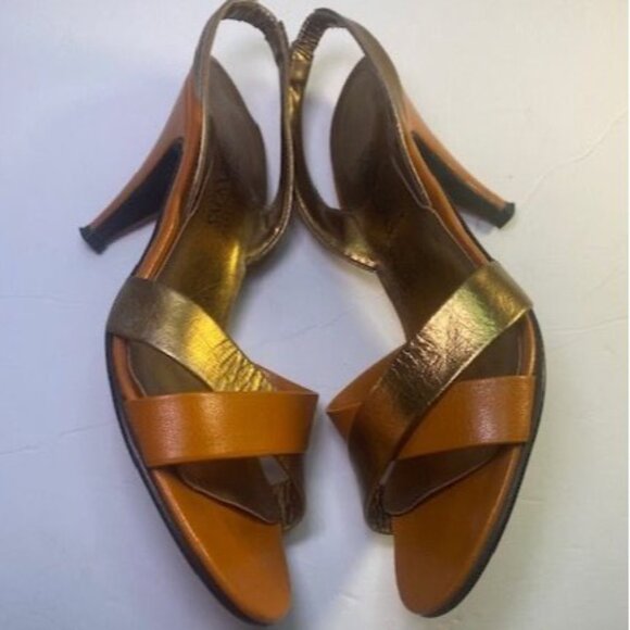 Robinsons Women's Heels - Gold & Orange Brown Strappy Sandals Size 5.5  3-Inch H - Picture 7 of 8